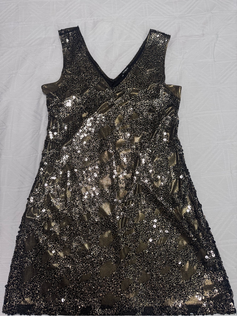 Express, Sleeveless V-Neck Sequin Party Dress in Black and Gold